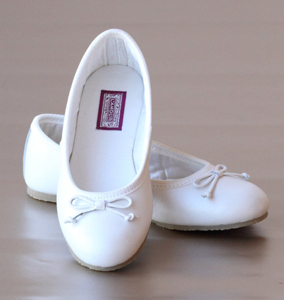 L Amour Girls White Leather Ballet Bow Flats